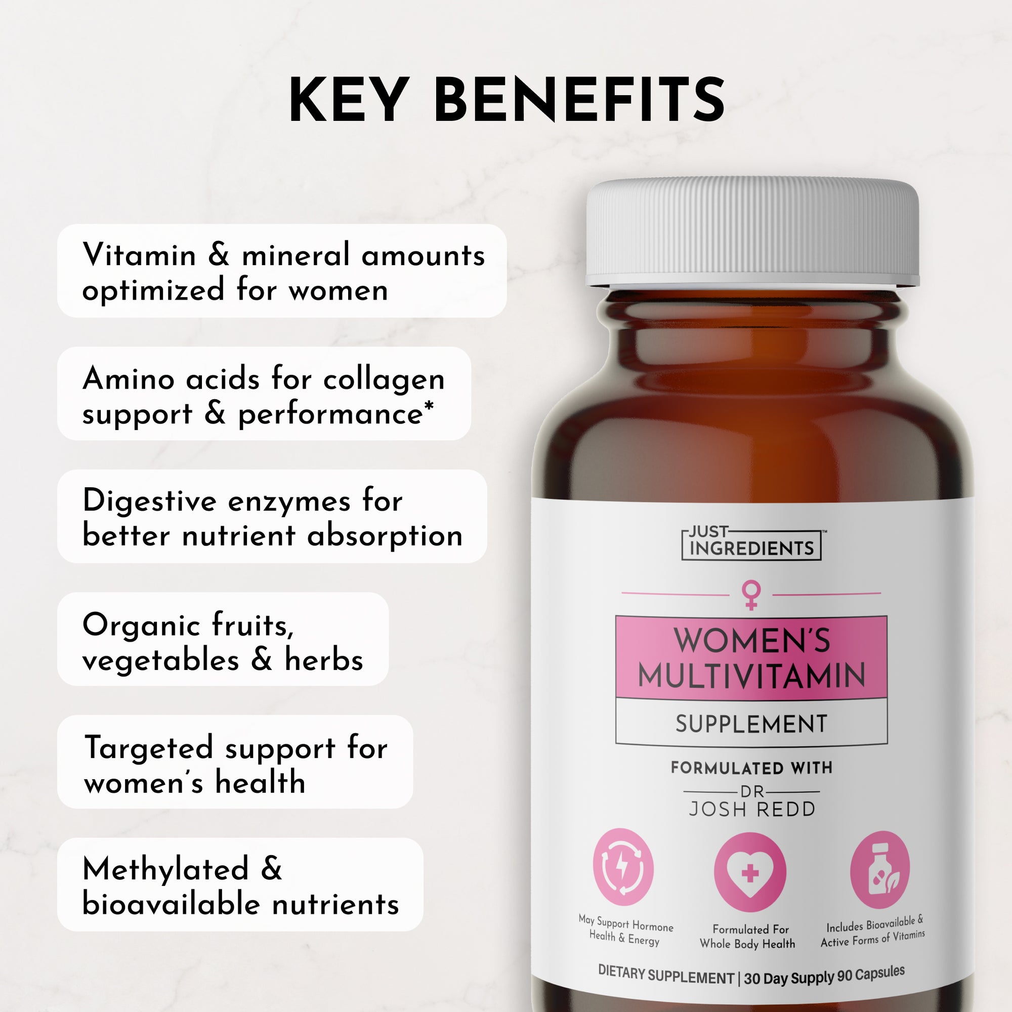Brown bottle of women's multivitamin capsules with a white and pink label listing key benefits and ingredients.