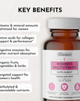 Brown bottle of women's multivitamin capsules with a white and pink label listing key benefits and ingredients.