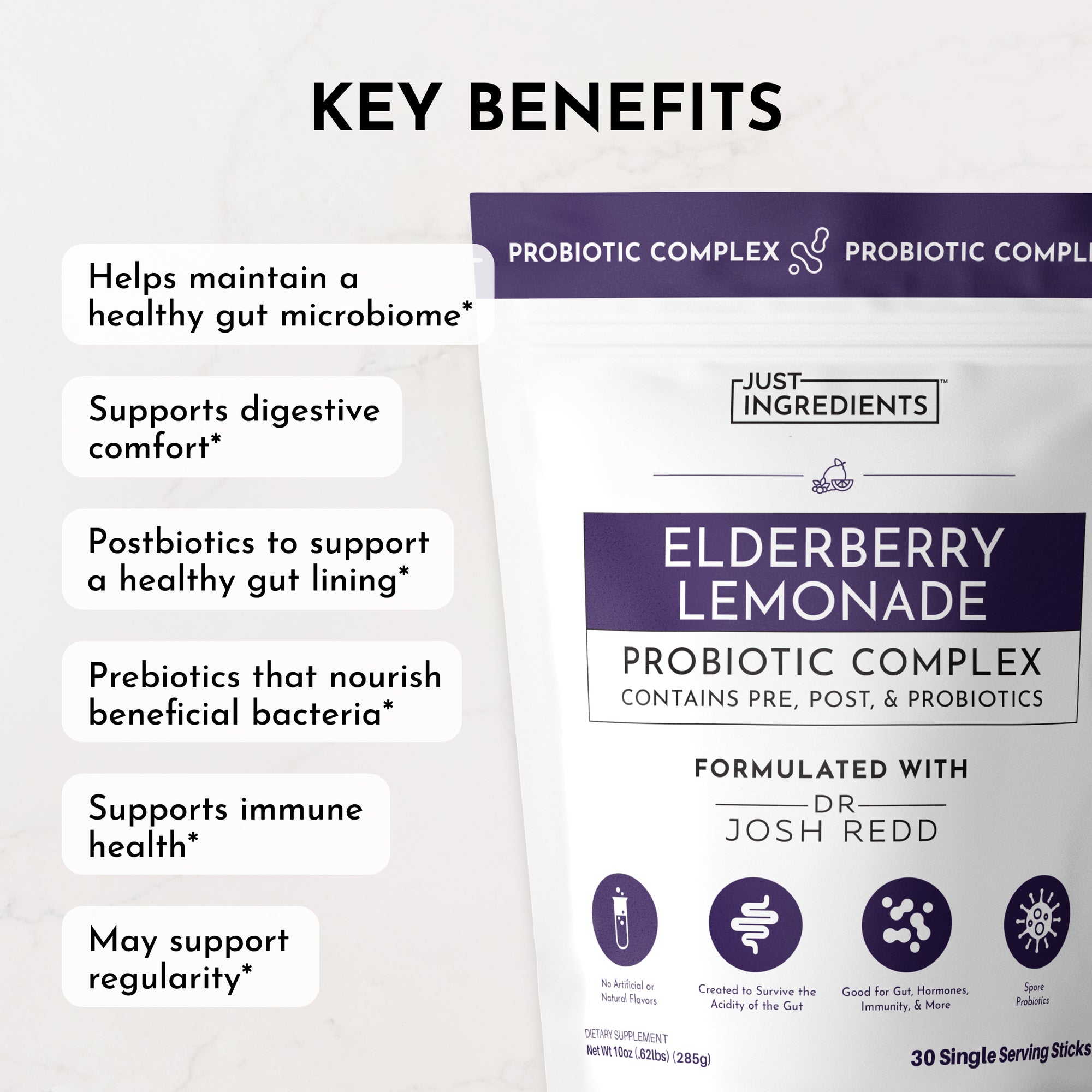 Packaging for Elderberry Lemonade Probiotic Complex with key benefits listed, including gut health and immune support.
