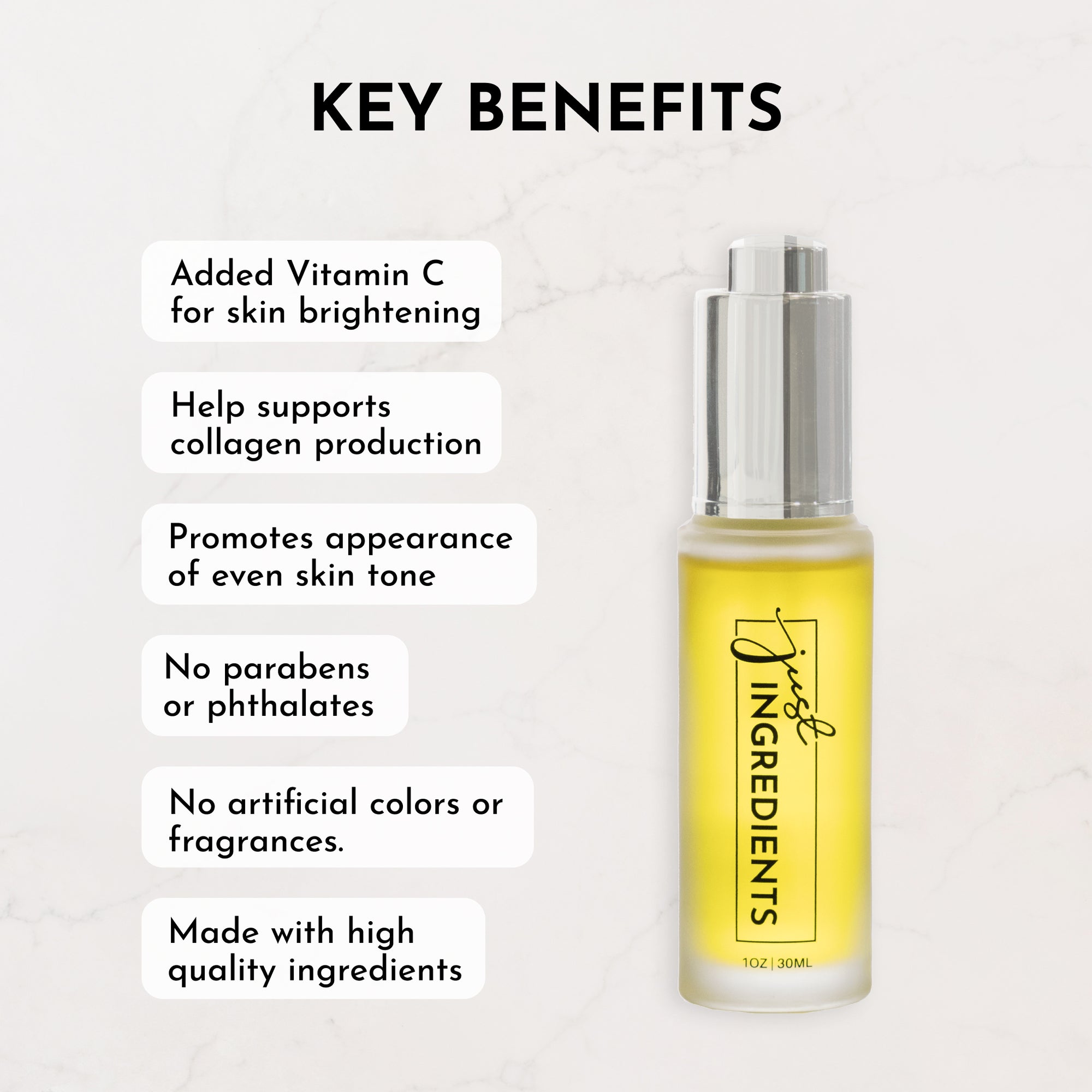 Clear glass bottle with a silver pump, containing a yellow serum labeled "just INGREDIENTS" and 1 oz. capacity.