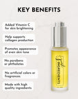 Clear glass bottle with a silver pump, containing a yellow serum labeled "just INGREDIENTS" and 1 oz. capacity.