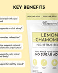 Pouch of Lemon Chamomile Nighttime Relax supplement with key benefits listed on a light yellow background.
