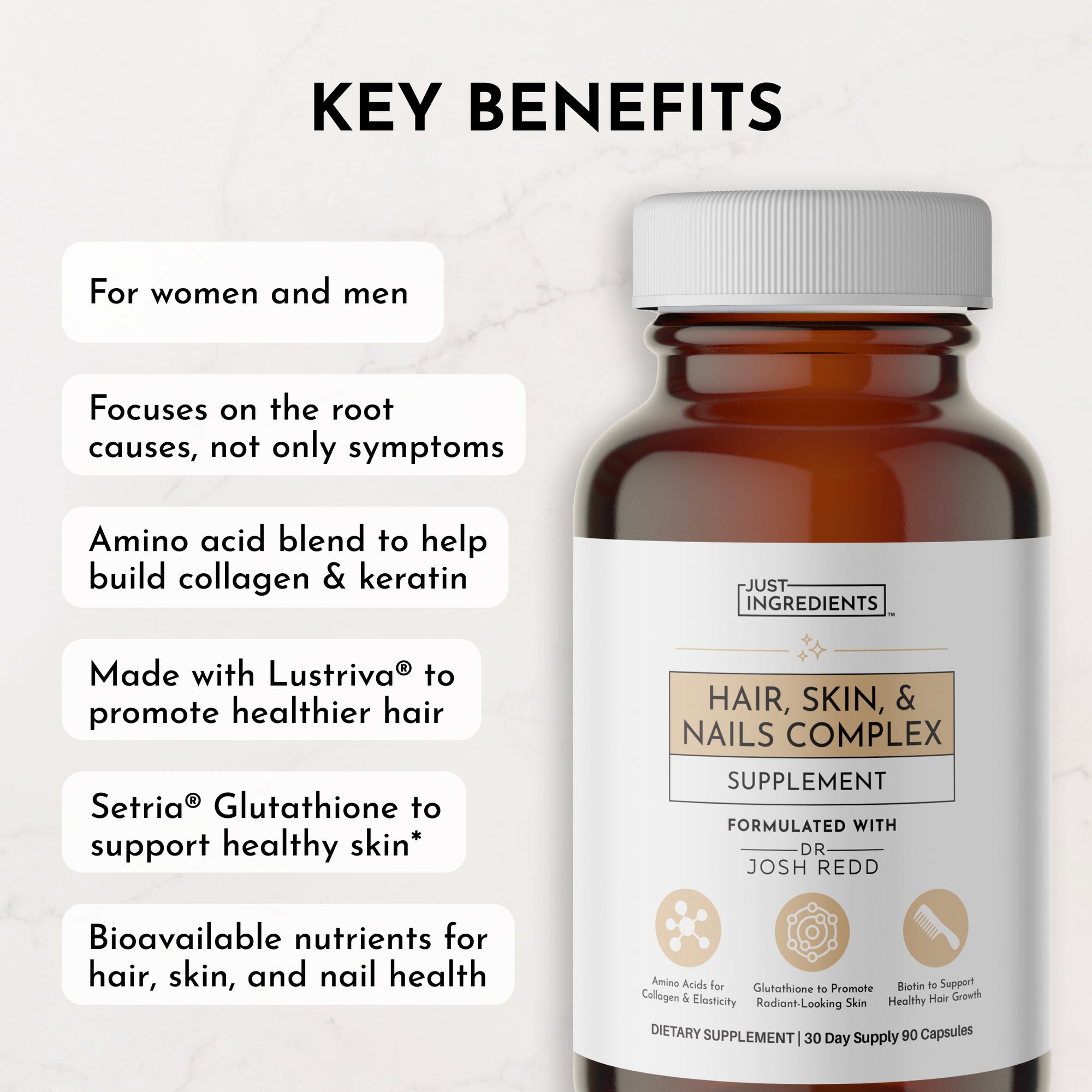 Brown bottle with a white label, detailing a hair, skin, and nails supplement with key benefits listed.