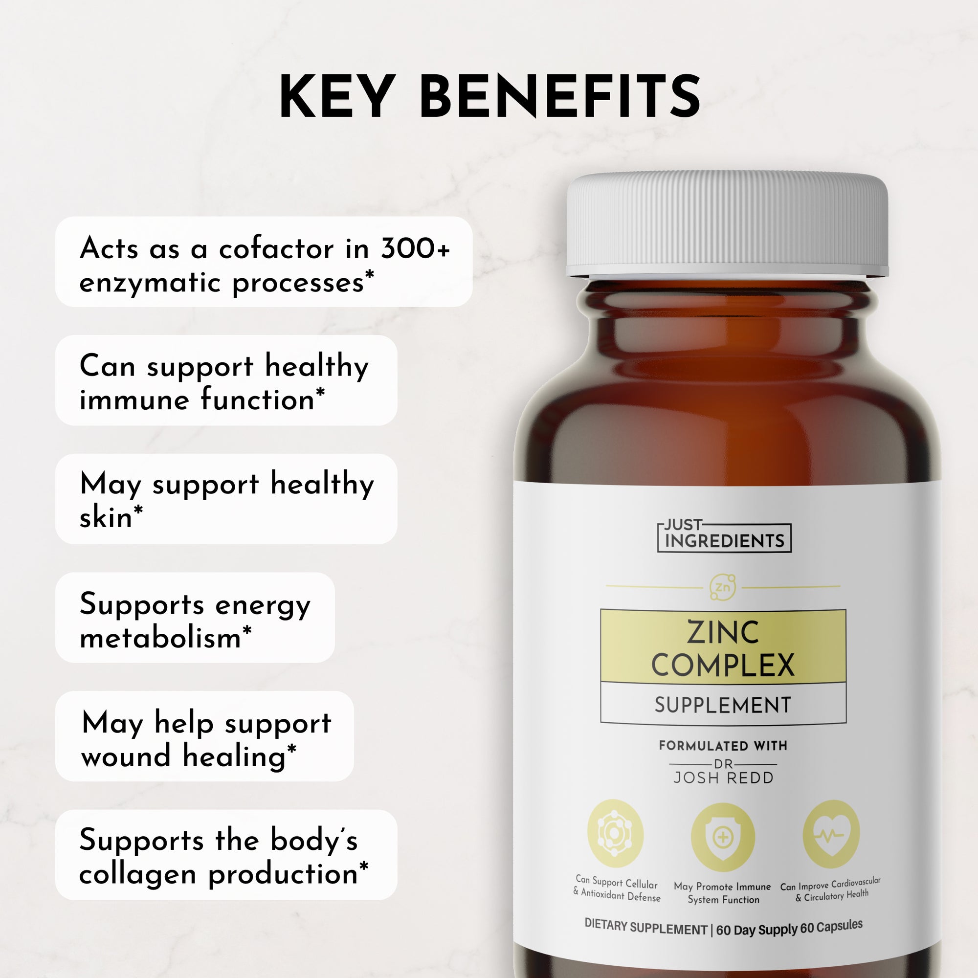 Brown bottle of Zinc Complex dietary supplement with a white label listing key benefits and usage instructions.