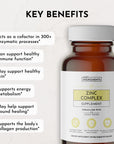 Brown bottle of Zinc Complex dietary supplement with a white label listing key benefits and usage instructions.