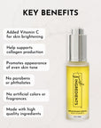 Brightening serum bottle with yellow liquid and labeled key benefits beside it.