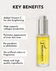 Yellow face serum in a clear bottle with a silver pump, labeled "just INGREDIENTS" and 2 oz capacity.