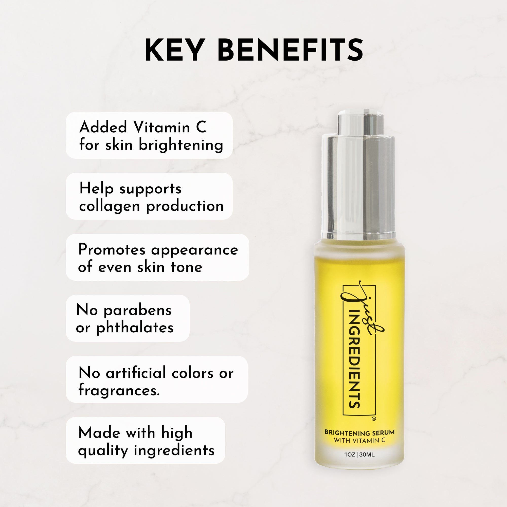 Brightening serum in a clear bottle with a silver pump, featuring yellow liquid and labeled benefits on a light background.