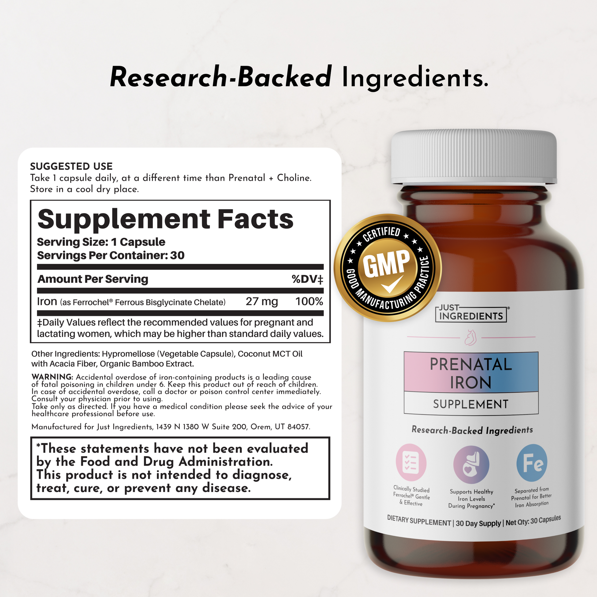 Brown glass supplement bottle labeled "Prenatal Iron Supplement" with white cap, GMP certification seal, and supplement facts