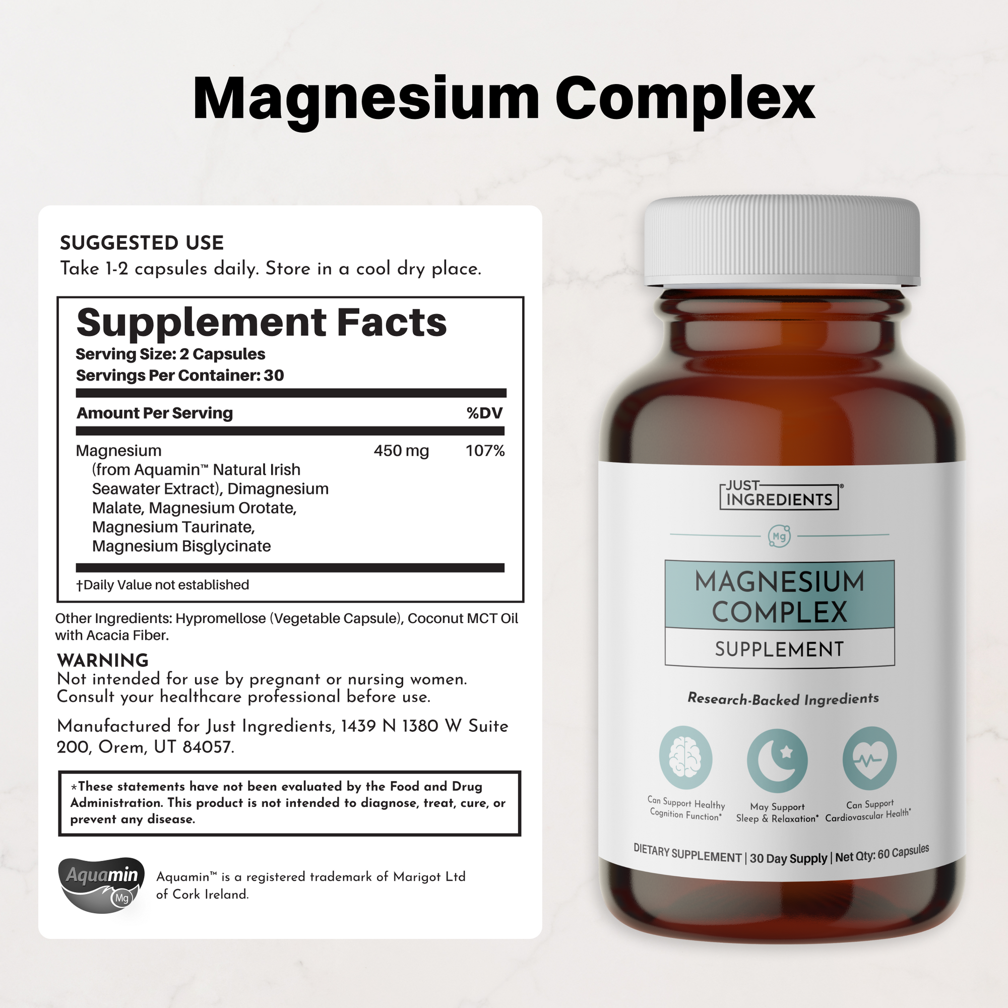 Amber glass bottle of Magnesium Complex supplement with white cap, label showing 60 capsules and supplement facts panel on le