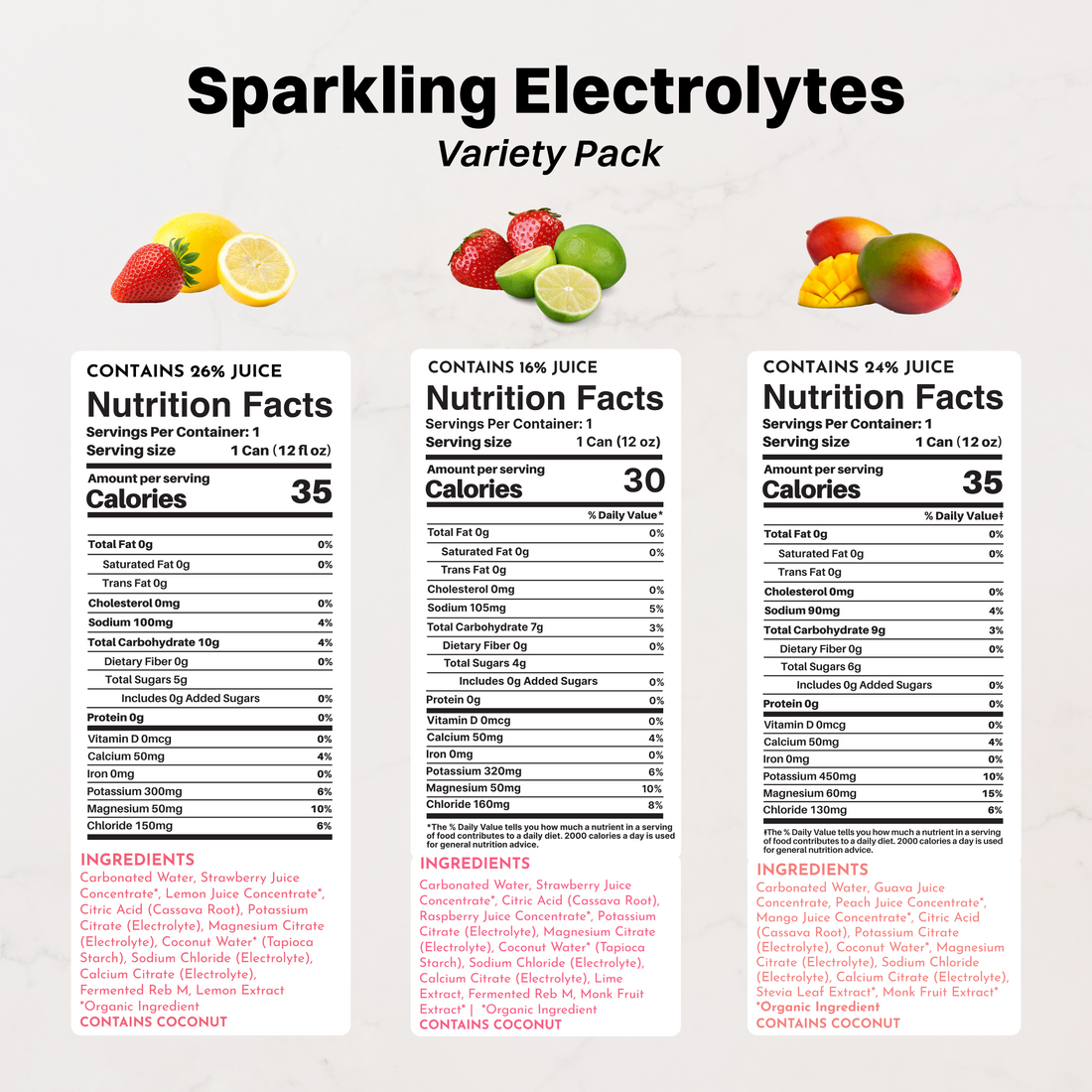 Three beverages with nutrition labels: strawberry-lemon (26% juice, 35 calories), strawberry-lime (16% juice, 30 calories), a