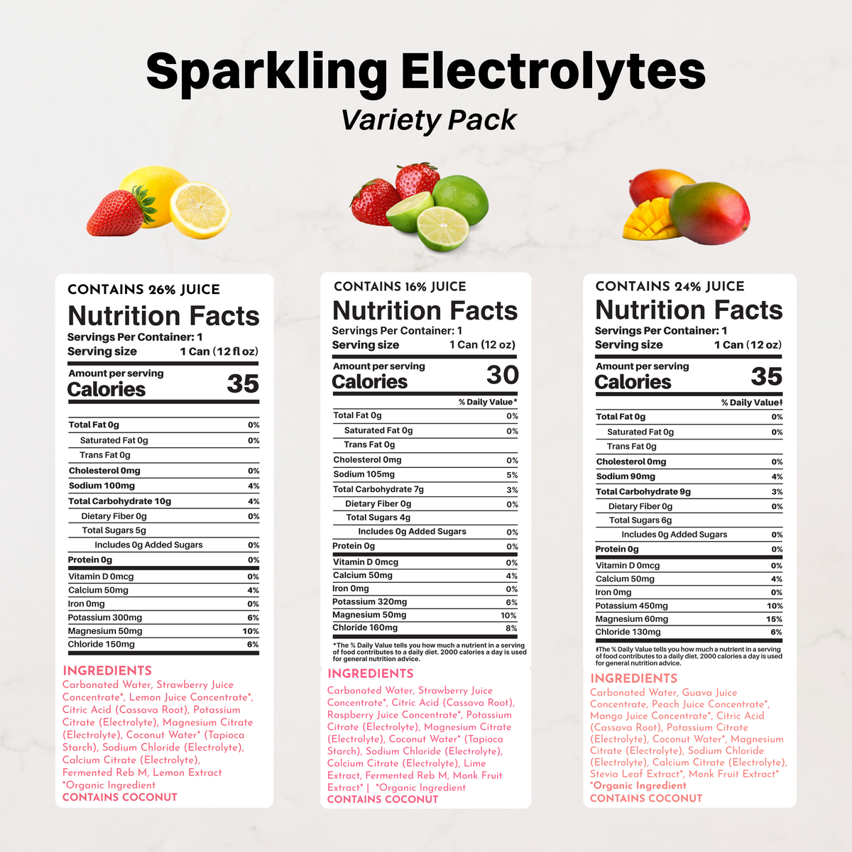 Three beverages with nutrition labels: strawberry-lemon (26% juice, 35 calories), strawberry-lime (16% juice, 30 calories), a