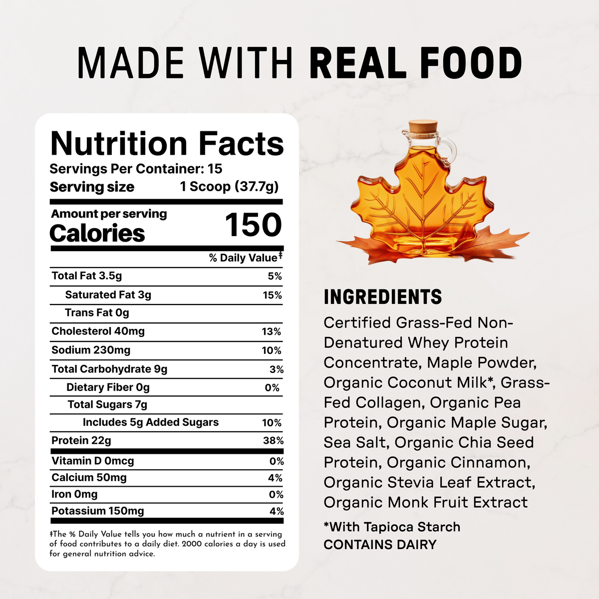 Maple leaf illustration with nutrition facts label and ingredient list for protein powder product.