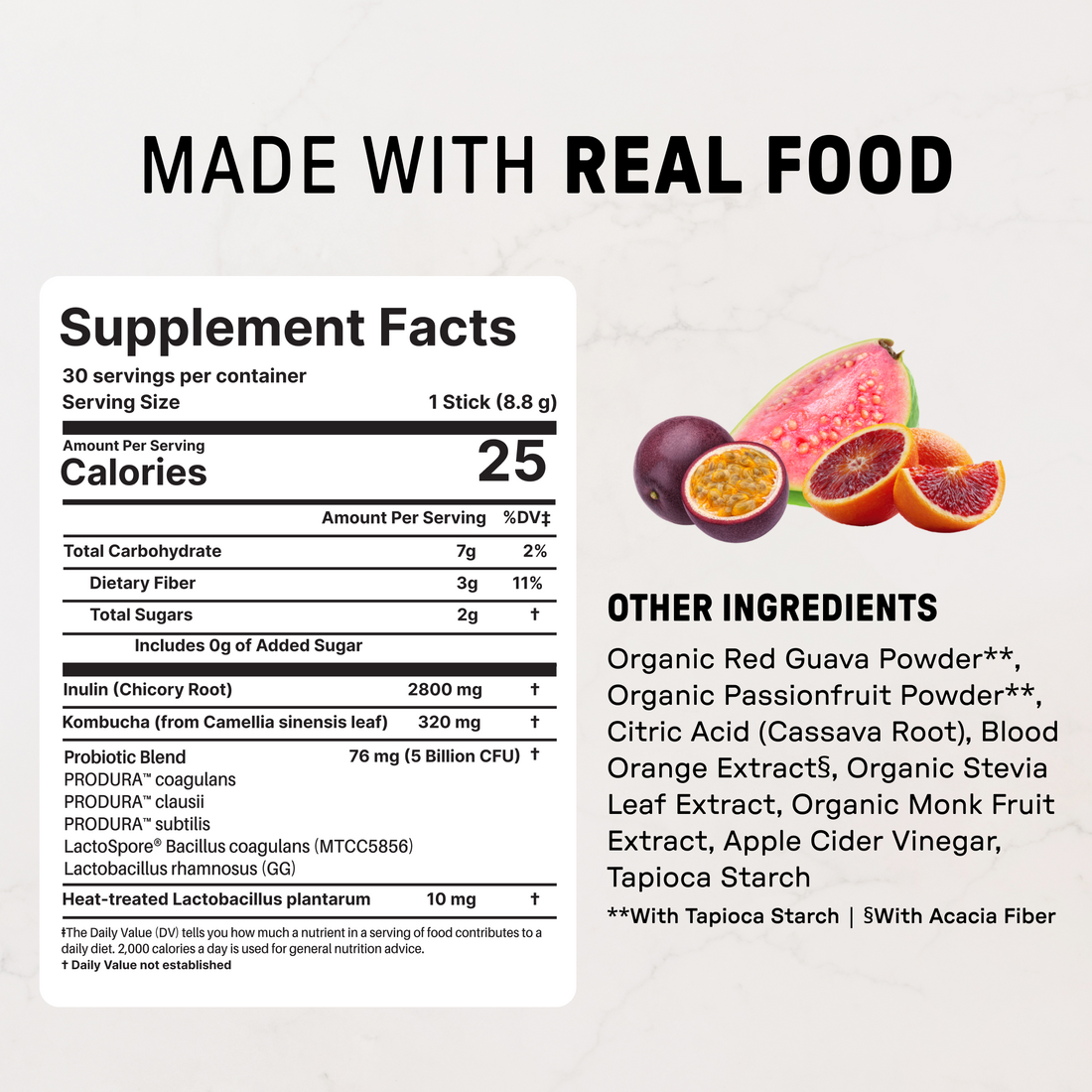 Supplement facts label with red guava, passionfruit, blood orange, and guava fruit displayed on right side.