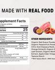 Supplement facts label with red guava, passionfruit, blood orange, and guava fruit displayed on right side.