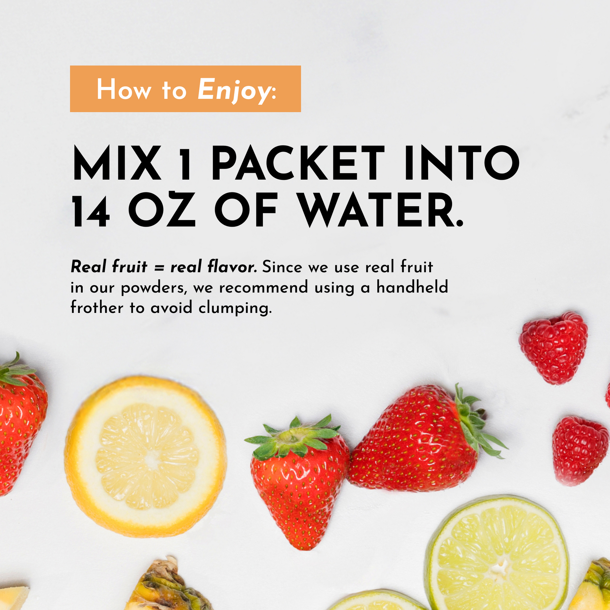 Instructions for mixing a packet of Mango Lemonade Electrolytes into water, with fruit images.