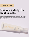 Scalp serum tube with instructions for use, emphasizing daily application and massage into the scalp.