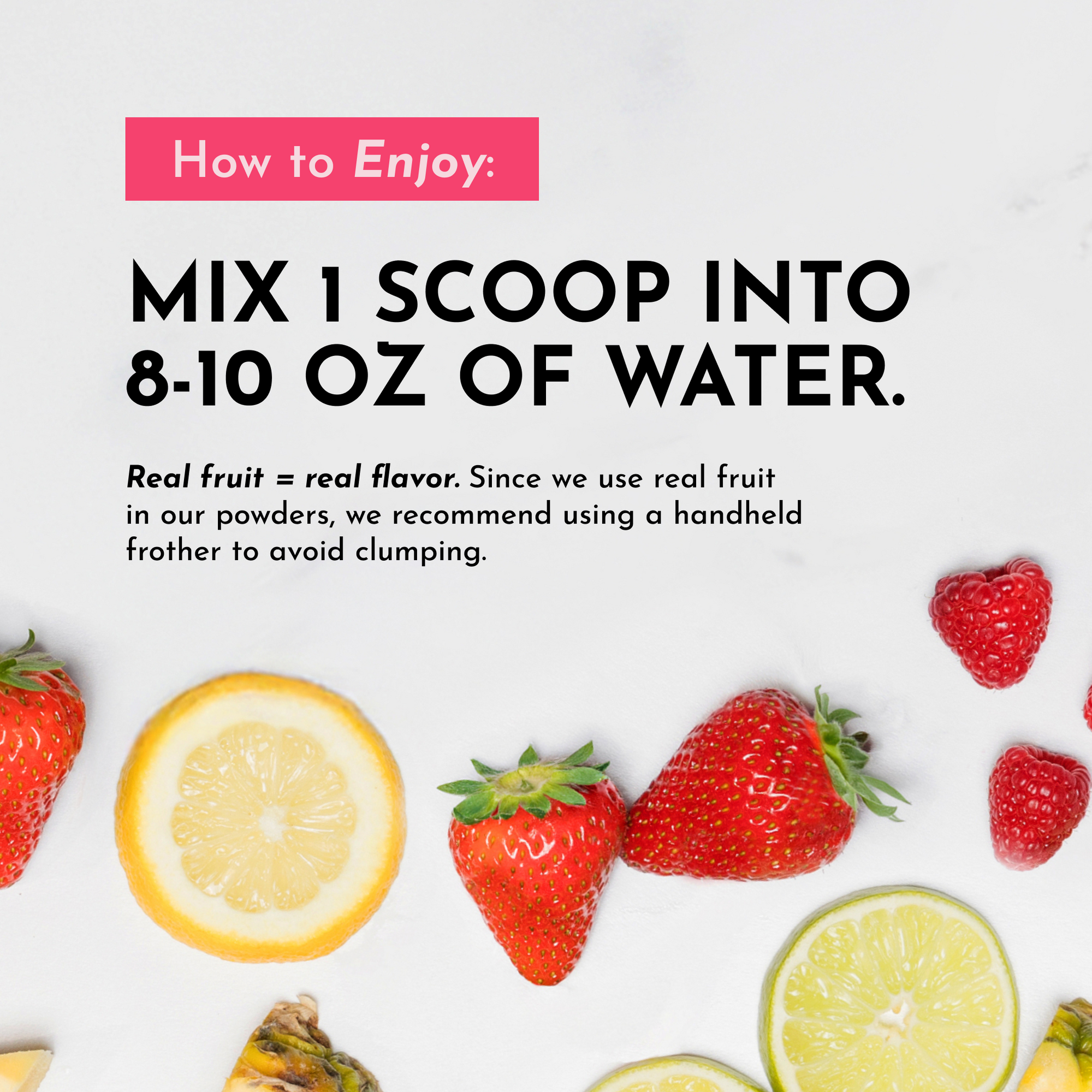 Instructions for mixing pre-workout powder with fruit slices, including strawberries, lemon, and pineapple.