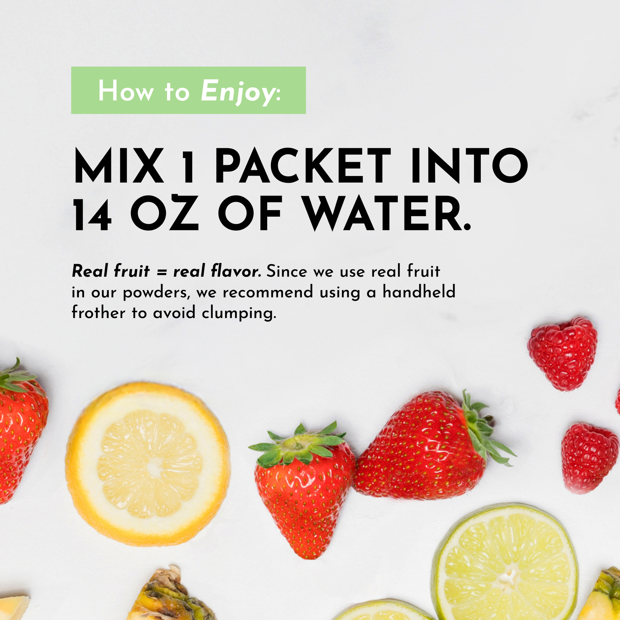 Instructions for mixing a packet of Strawberry Limeade electrolytes with water, surrounded by fresh fruit.
