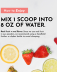 Instruction card showing sliced lemon and lime, strawberries, and raspberries with mixing instructions on white background.