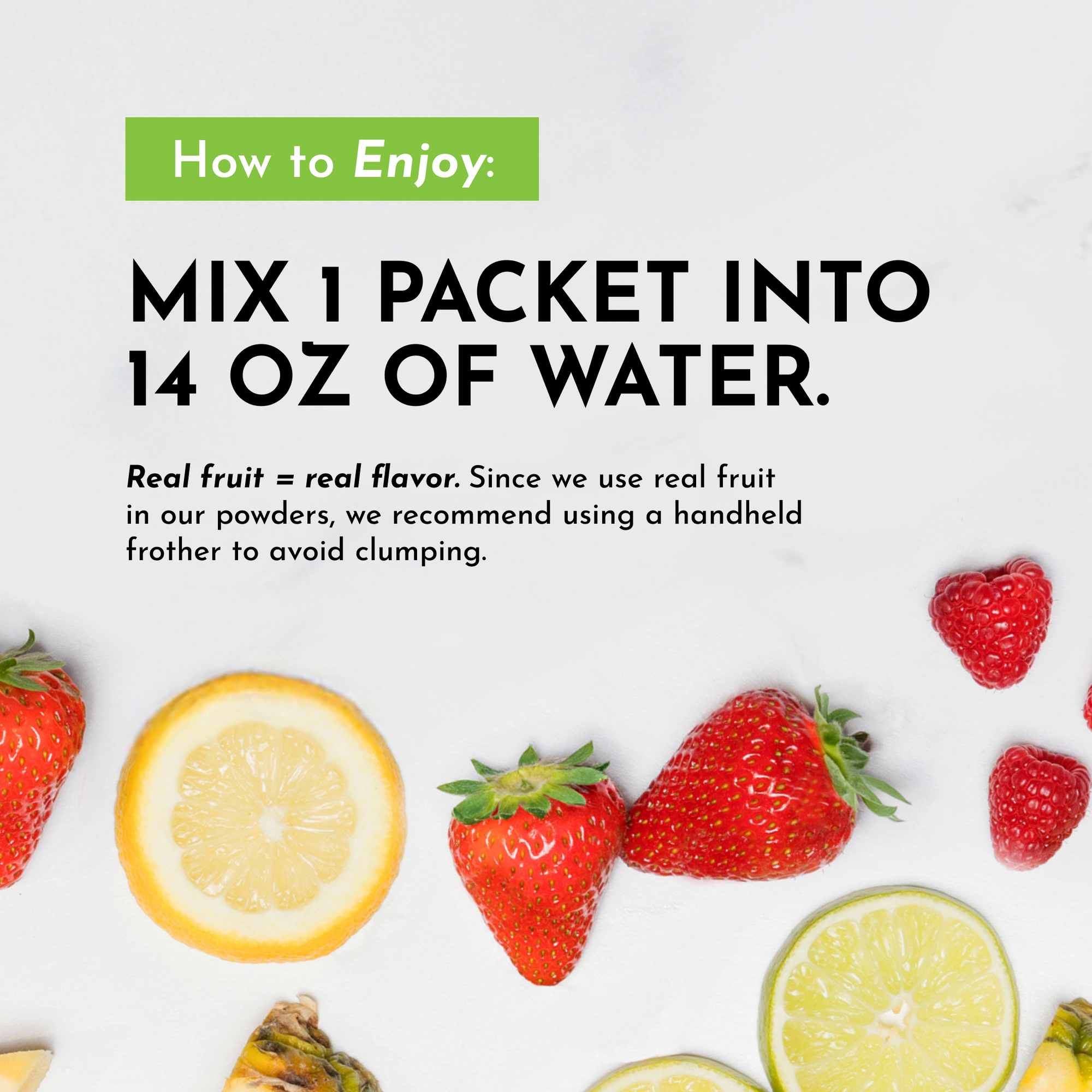Instructions for mixing a packet of electrolytes into water, with fruit images scattered around.