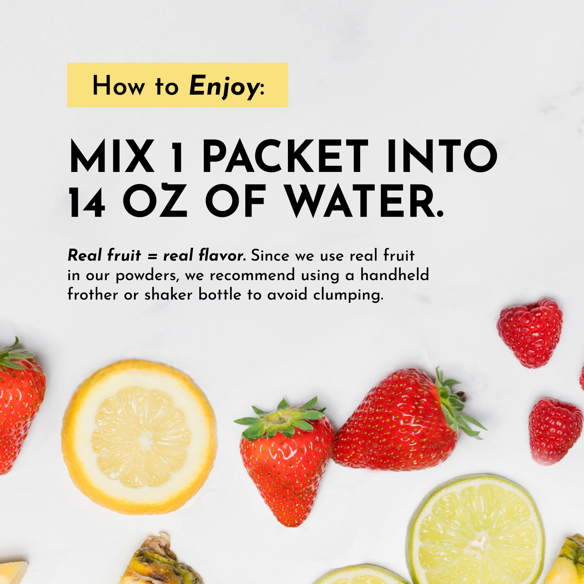 Instructions for mixing pre-workout powder with water, featuring fruits like strawberries and lemon.