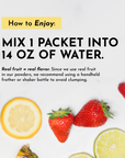 Instructions for mixing pre-workout powder with water, featuring fruits like strawberries and lemon.