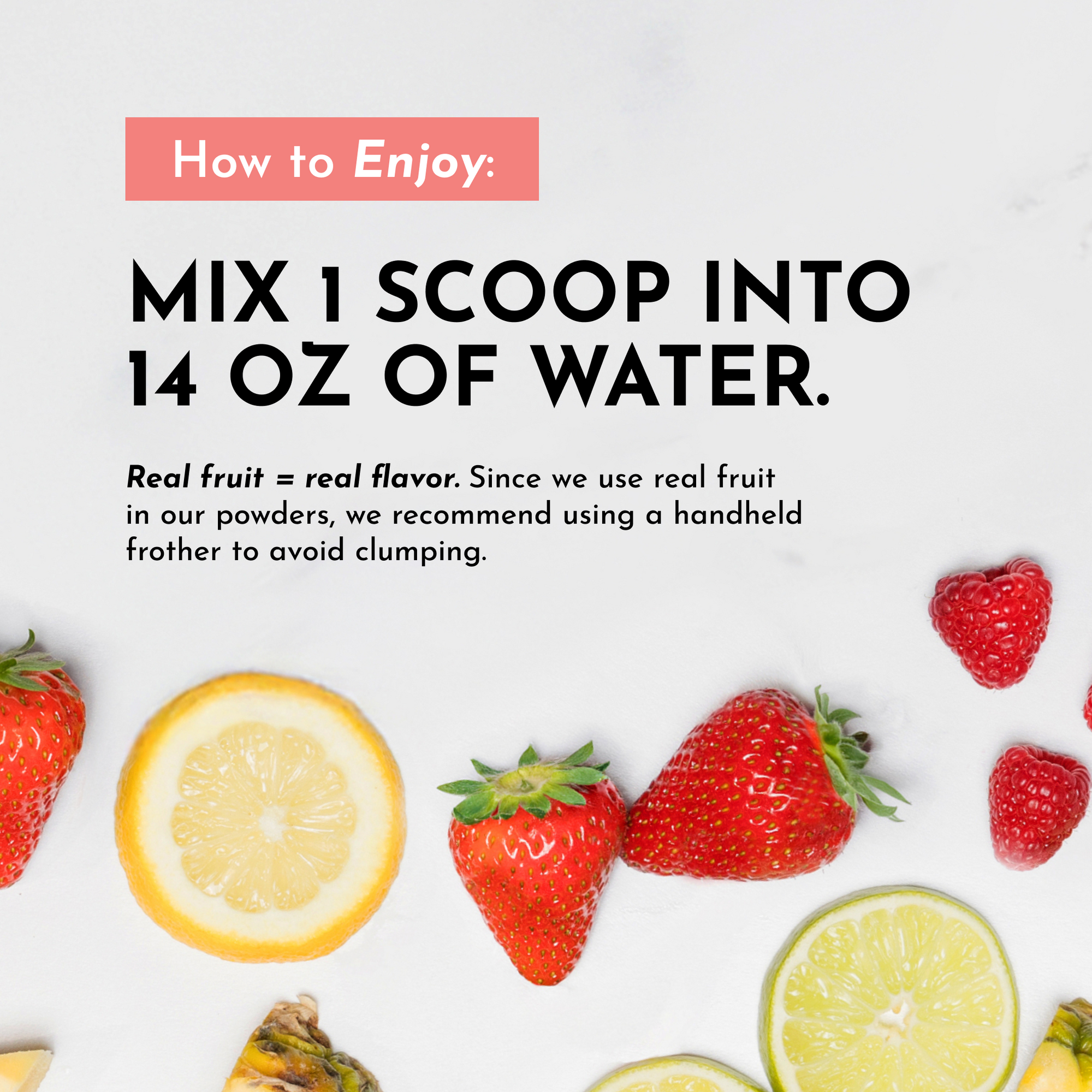 Text instructions for mixing electrolytes with fruit images, including strawberries and lemon slices.