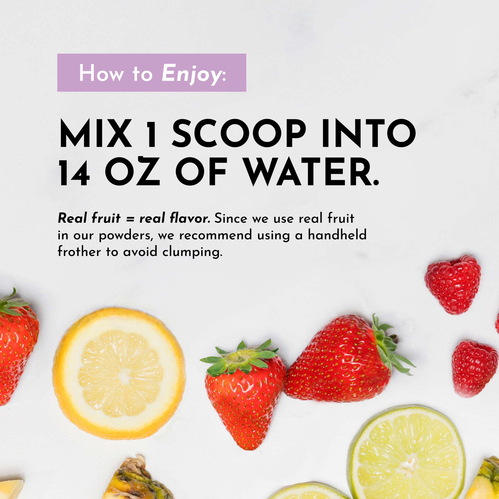 Instructions for mixing grape electrolytes with water, featuring strawberries and lemon slices on a white background.