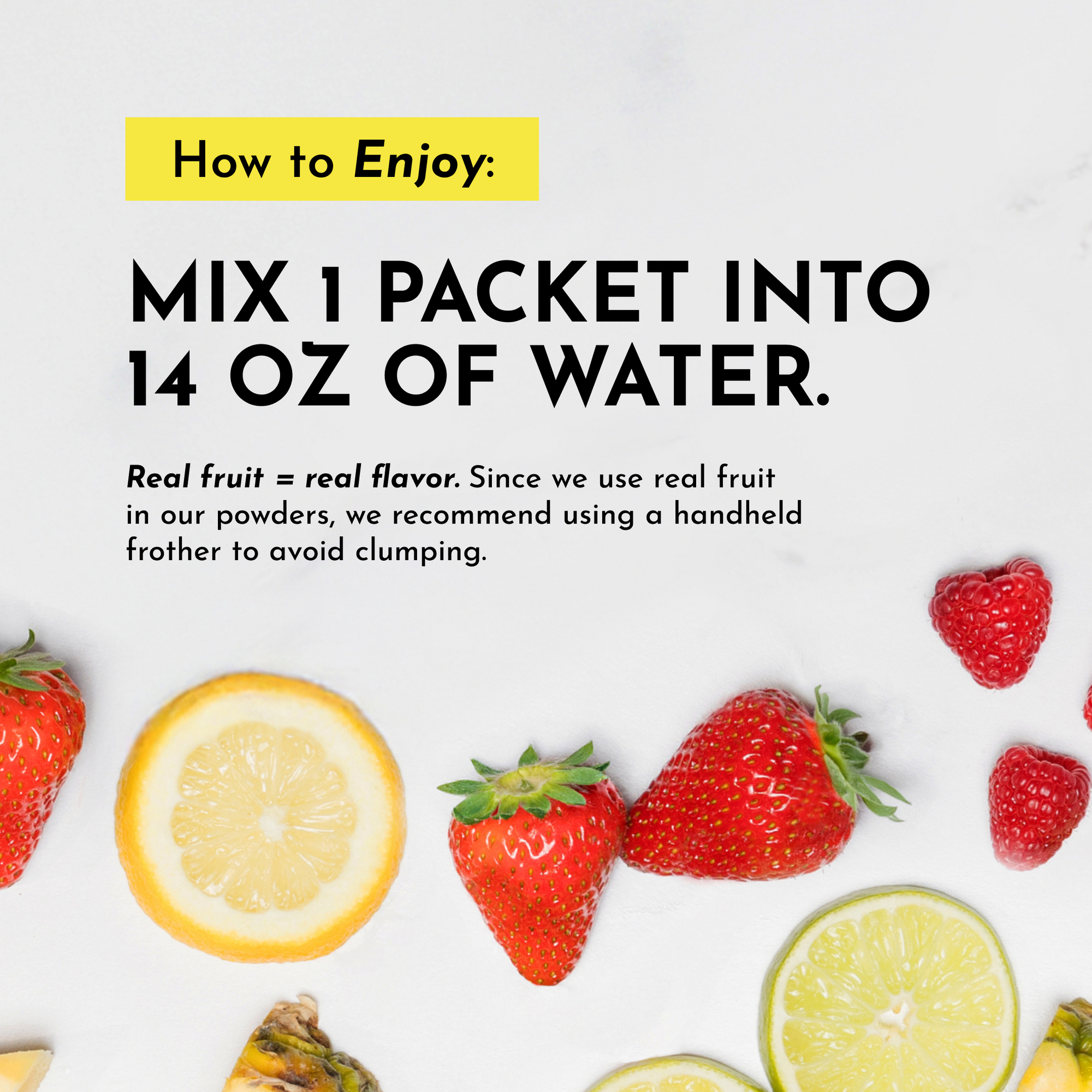 Instructions for mixing a lemonade electrolyte packet with water, featuring sliced lemons and strawberries.