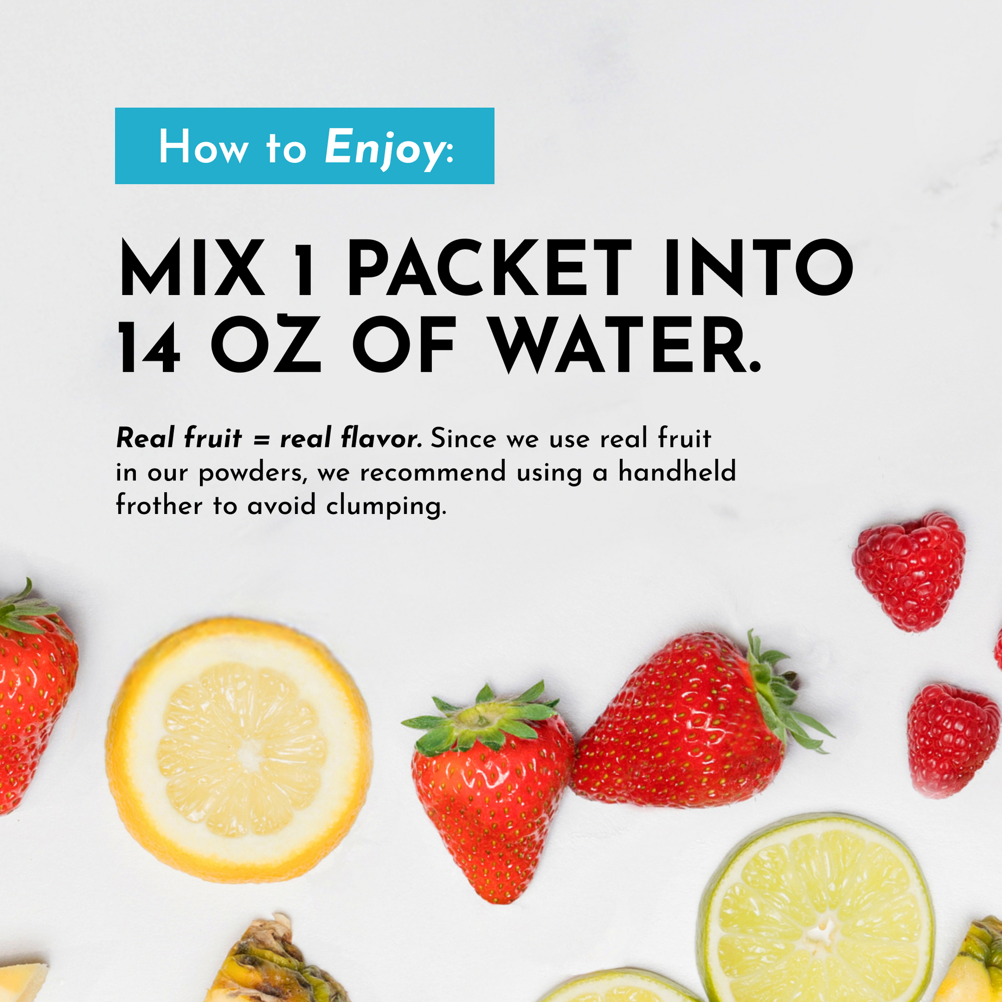 Instructions for mixing a packet of electrolytes into water, with fruit images on a light background.