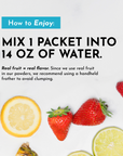 Instructions for mixing a packet of electrolytes into water, with fruit images on a light background.