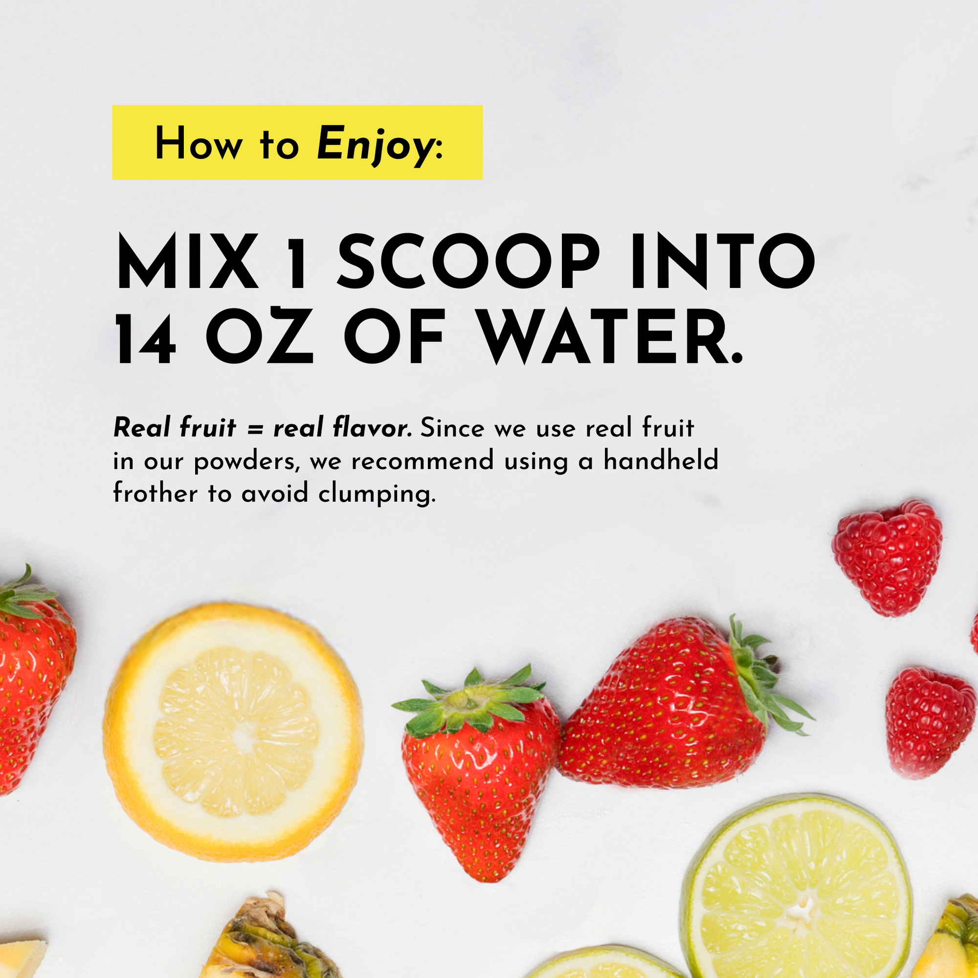Instructions for mixing lemonade electrolytes with real fruit images and a recommendation for using a frother.