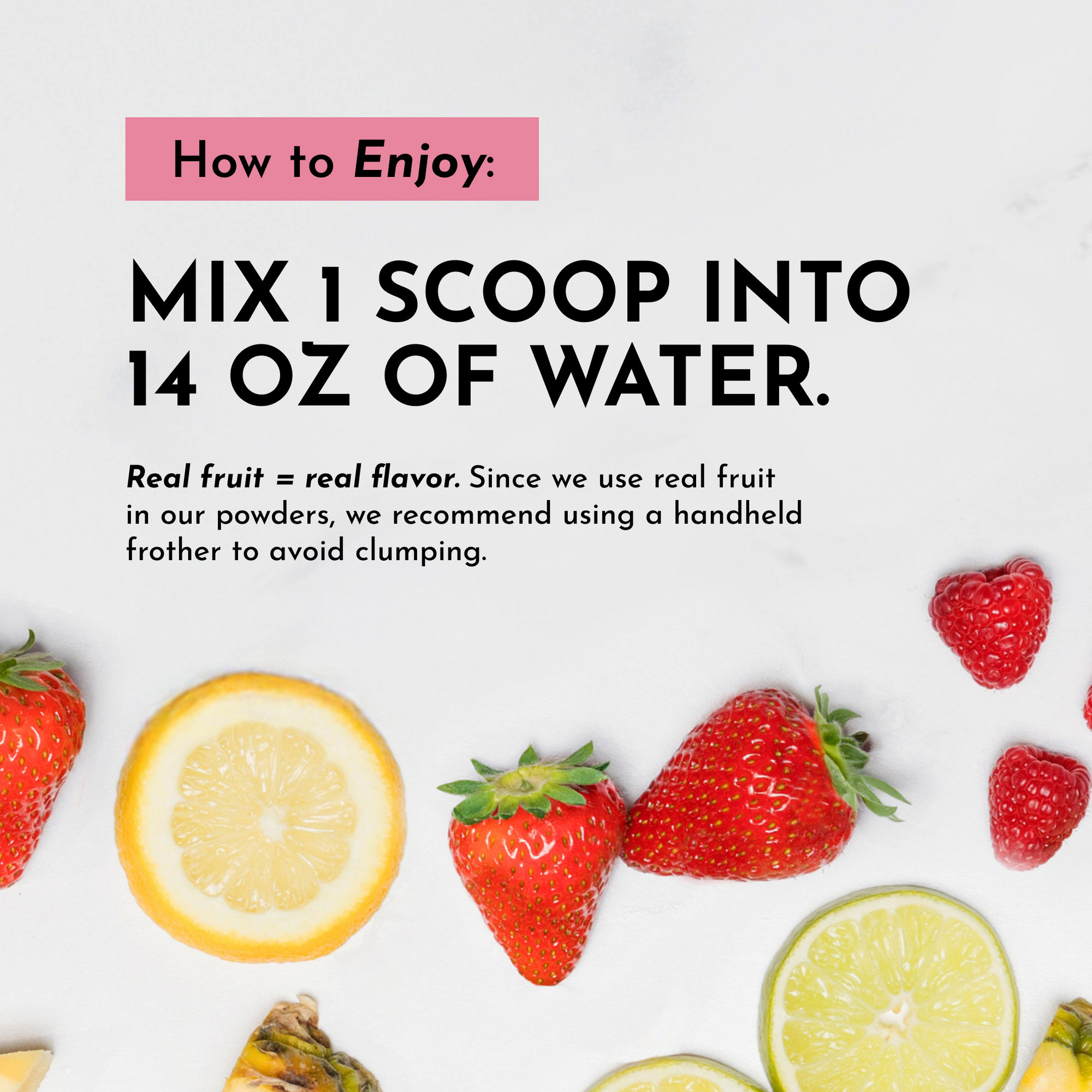 Text instructions for mixing a drink with strawberries and lemon slices on a white background.