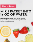 Instructions for mixing a fruit punch electrolyte packet with water, surrounded by fresh fruit.