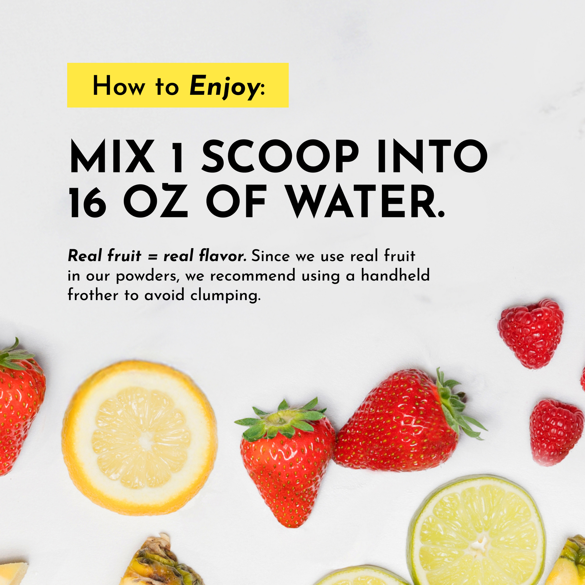 Instructional graphic showing sliced lemon, strawberries, and raspberries with mixing directions for protein powder.