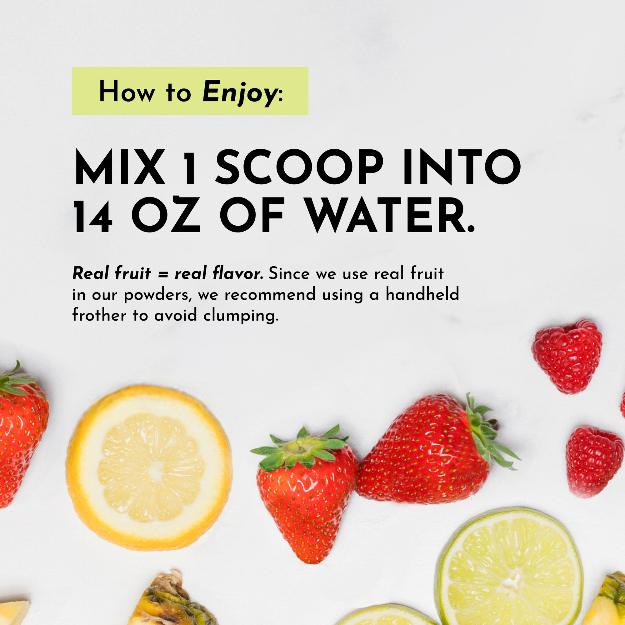 Instructions for mixing electrolytes with fruit slices and berries on a white surface.