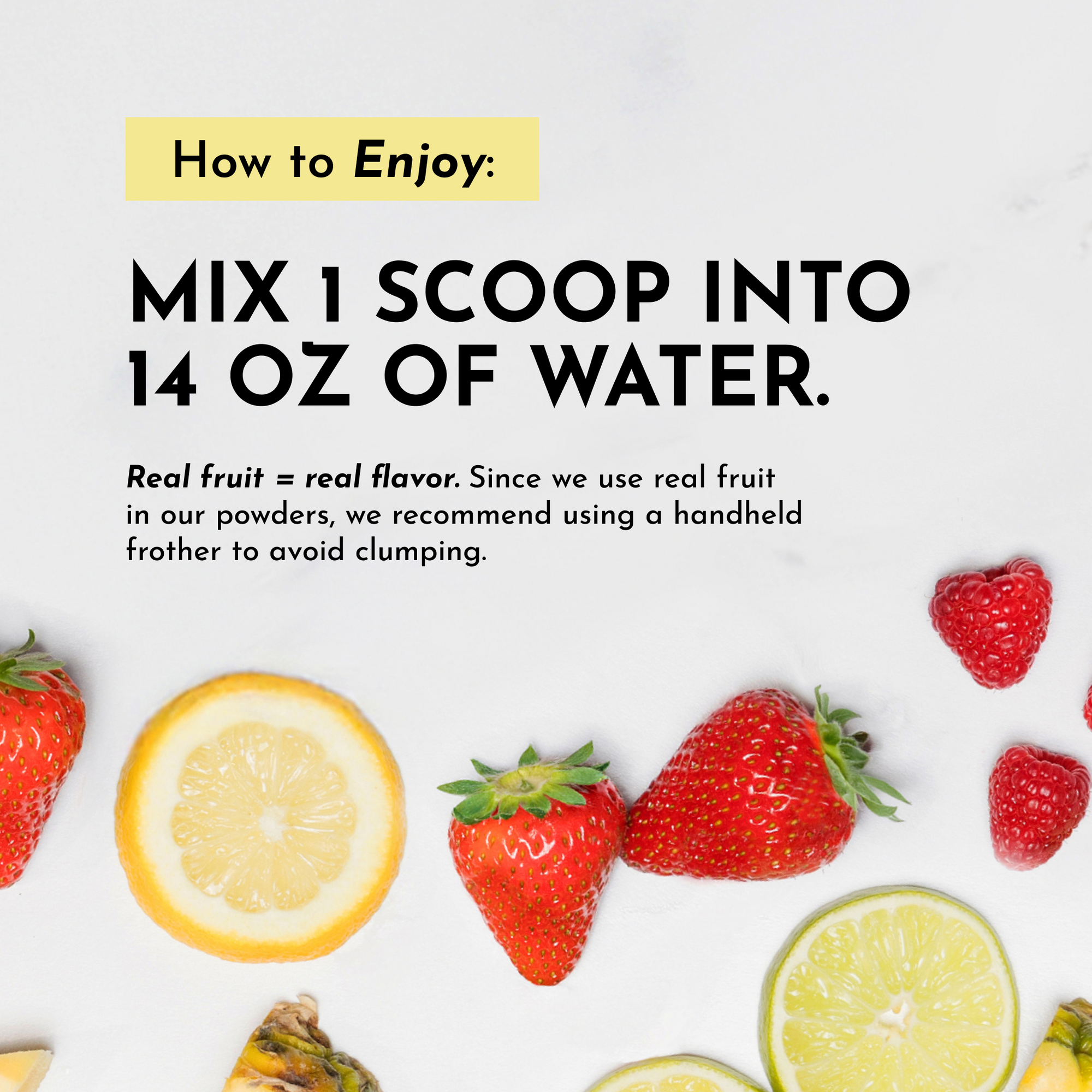 Instructions for mixing a lemonade powder with real fruit flavor, featuring strawberries and lemons.