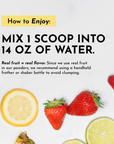 Instructions for mixing a pre-workout powder with fruit slices, including strawberries and lemon, on a light background.