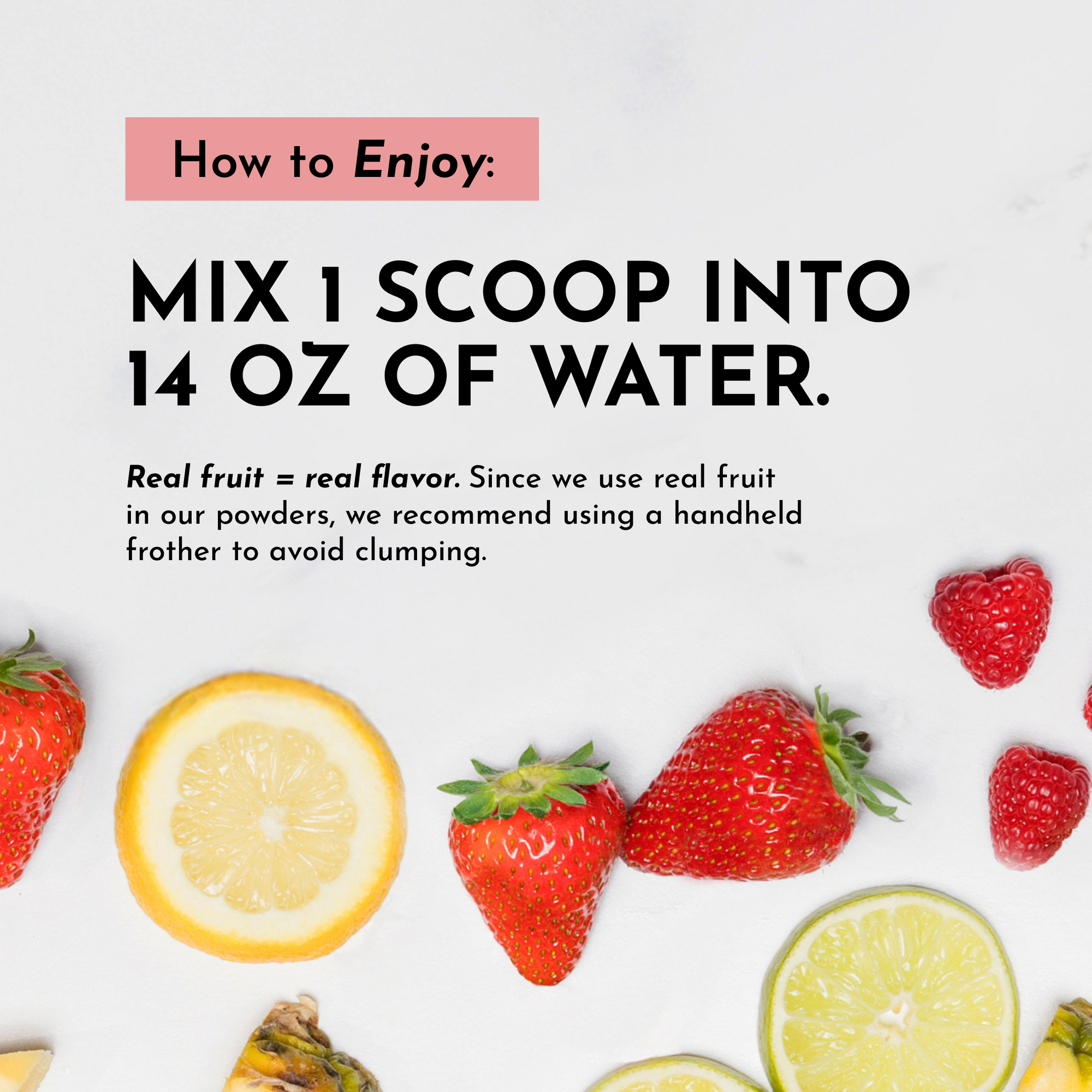 Instructions for mixing a fruit powder with water, featuring strawberries, lemons, and raspberries.
