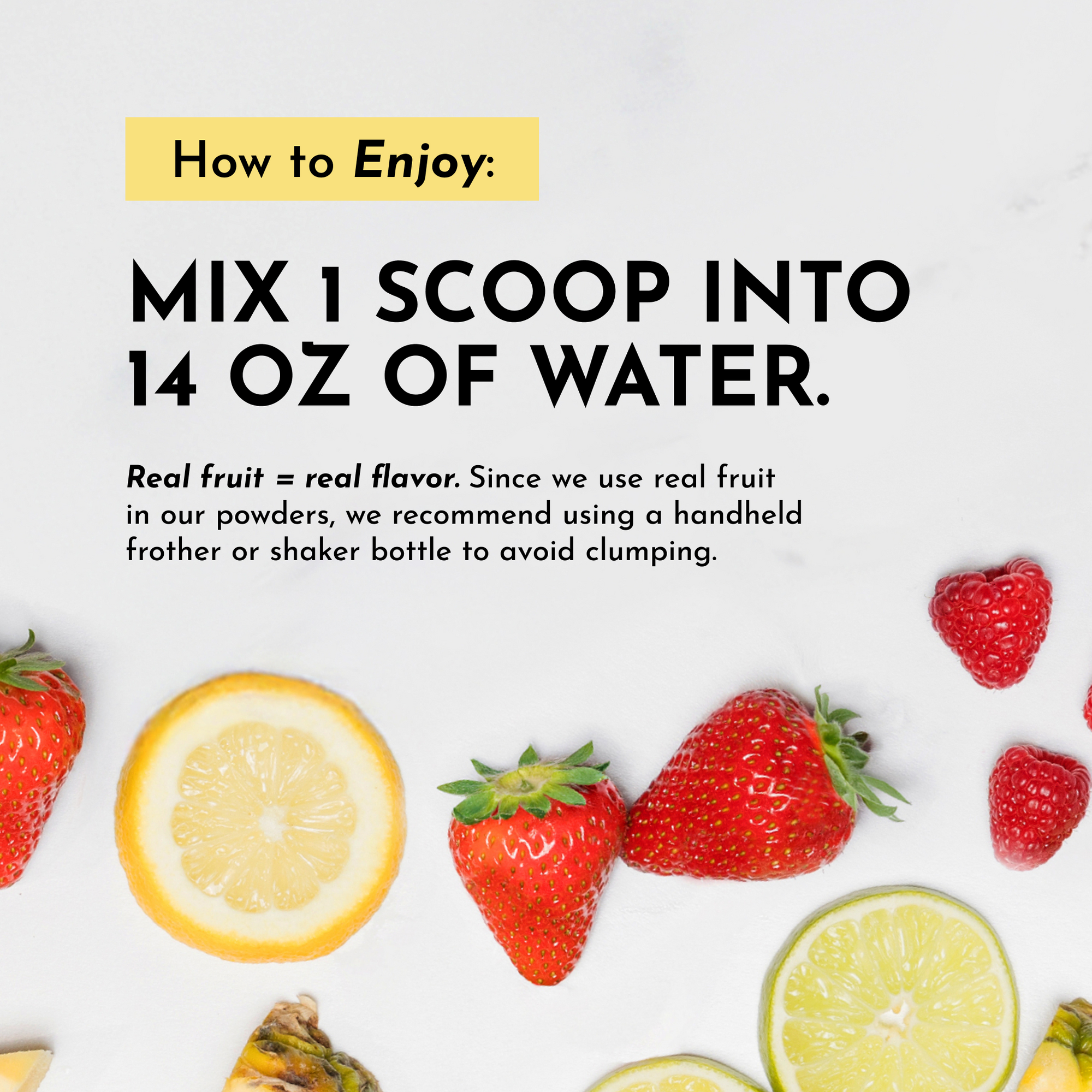 Instructions for mixing pre-workout powder with water, featuring strawberries, lemon, and pineapple slices.