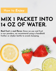 Mixing directions graphic: add one stick to 8 oz water and shake or stir, shown with fresh fruit slices.