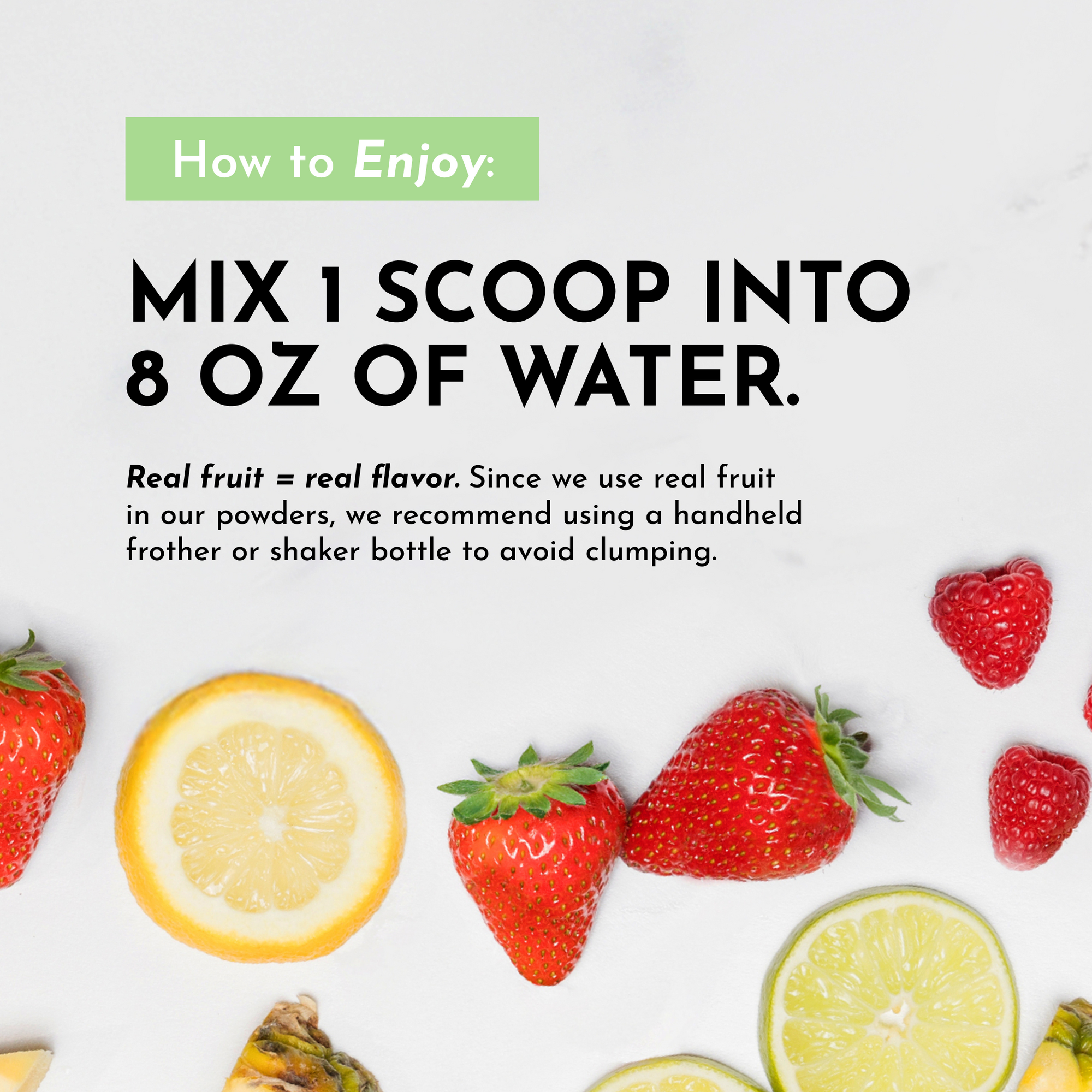 Mixing instructions graphic showing how to add one scoop of pre-workout powder to 8 oz of water.