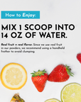 Instructions for mixing electrolytes with fruit slices and berries on a white background.