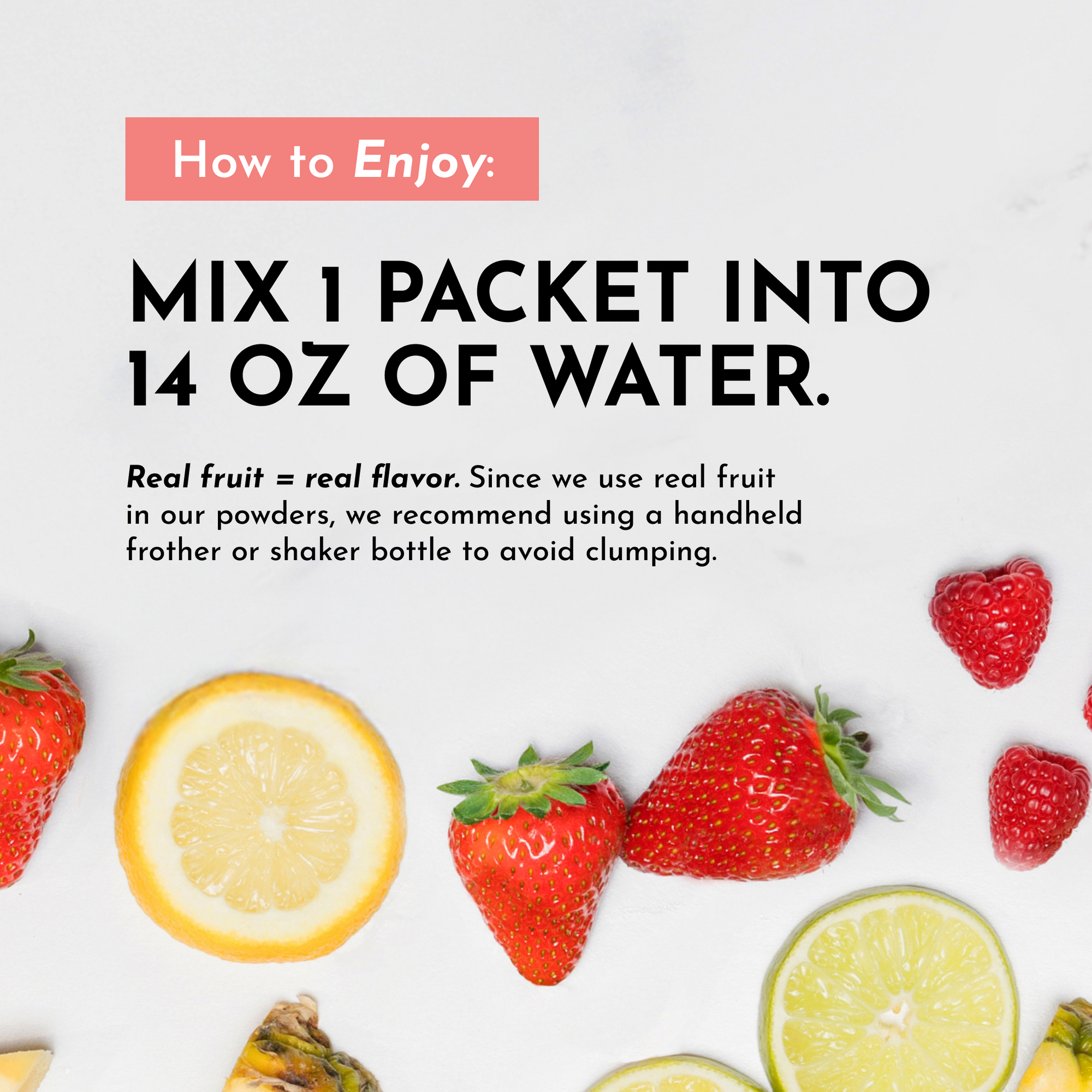 Instructions for mixing a pre-workout packet with water, surrounded by fresh fruit.