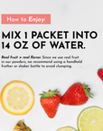 Instructions for mixing a pre-workout packet with water, surrounded by fresh fruit.
