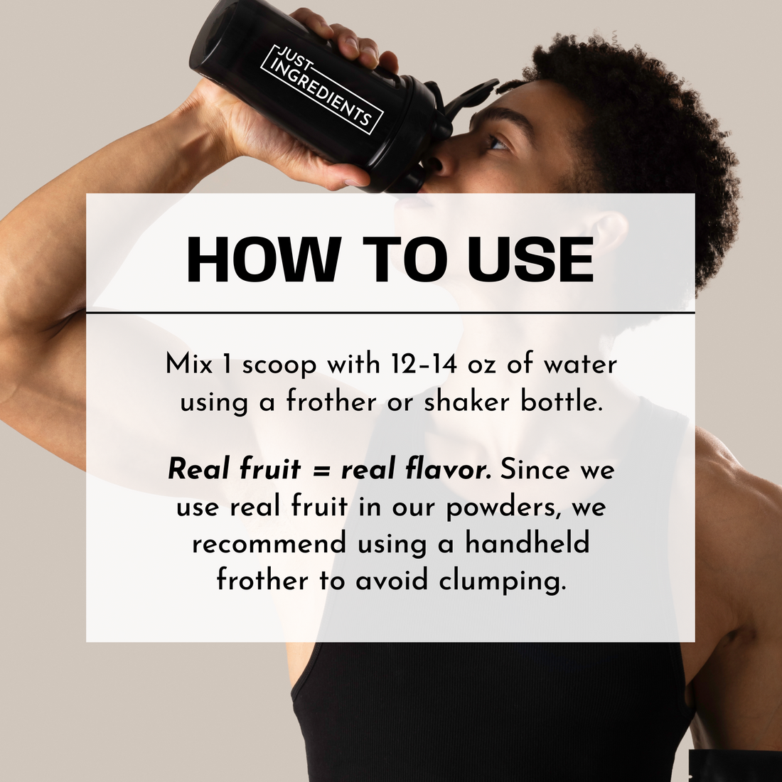 Person demonstrating use: holding an electrolyte powder container near the mouth while preparing a drink.