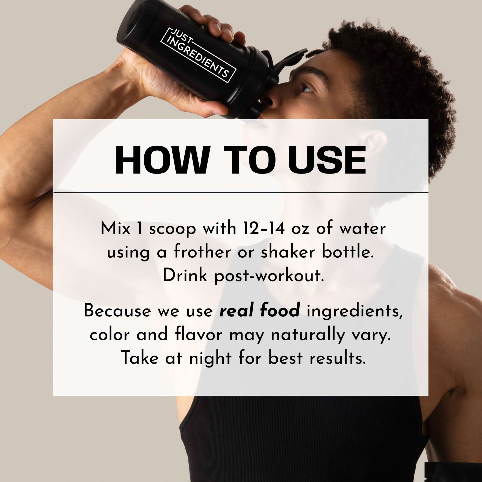Person holding black "Just Ingredients" recovery drink bottle with usage instructions displayed below.