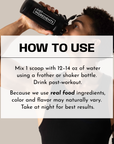 Person holding black shaker bottle labeled "Just Ingredients" with usage instructions displayed.