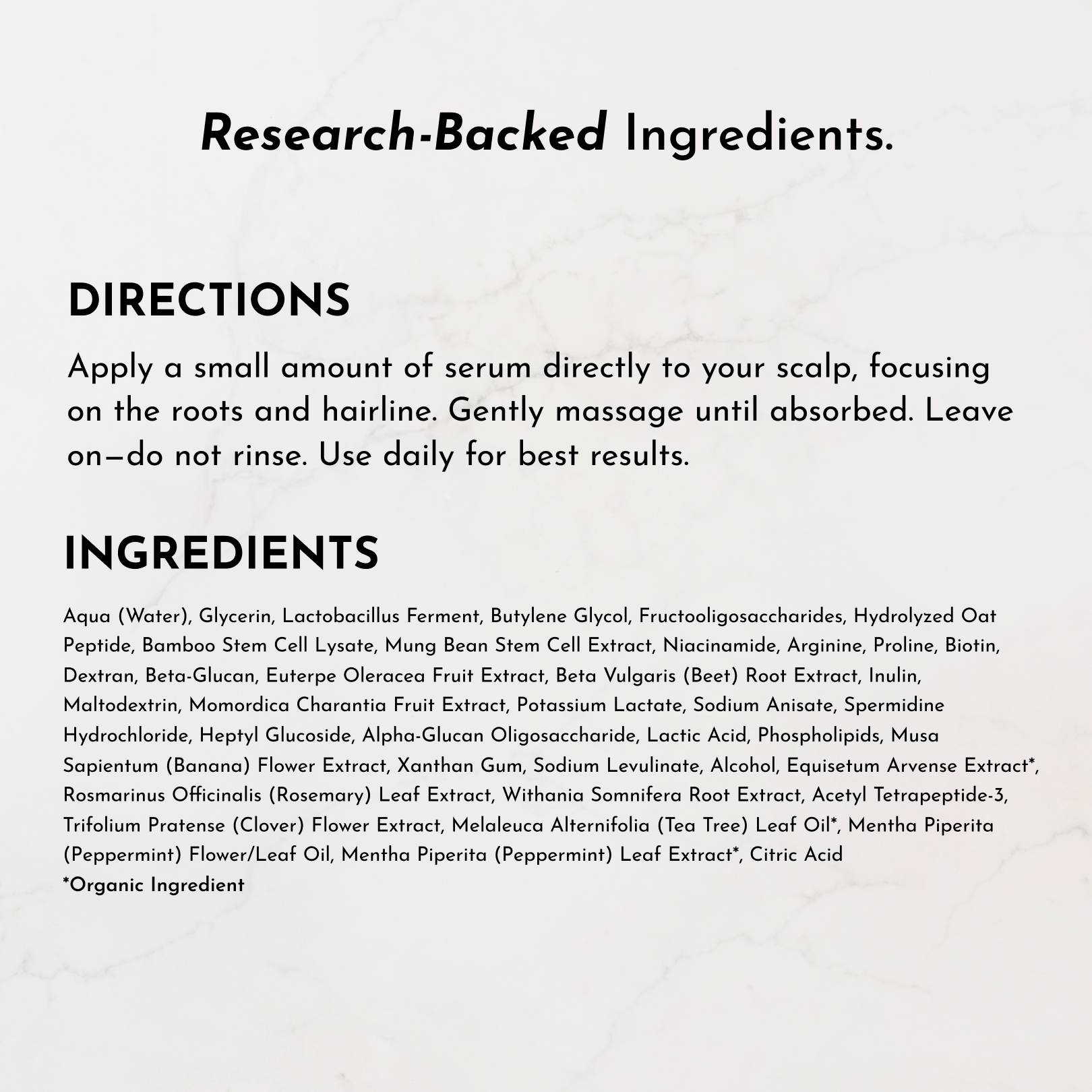 Directions for applying scalp serum and a list of ingredients including various plant extracts and peptides.